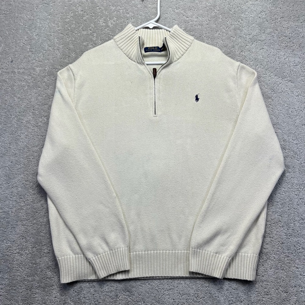 Polo Ralph Lauren Sweater Mens XXL Cream Quarter Zip Cotton Knit Pullover Pony
